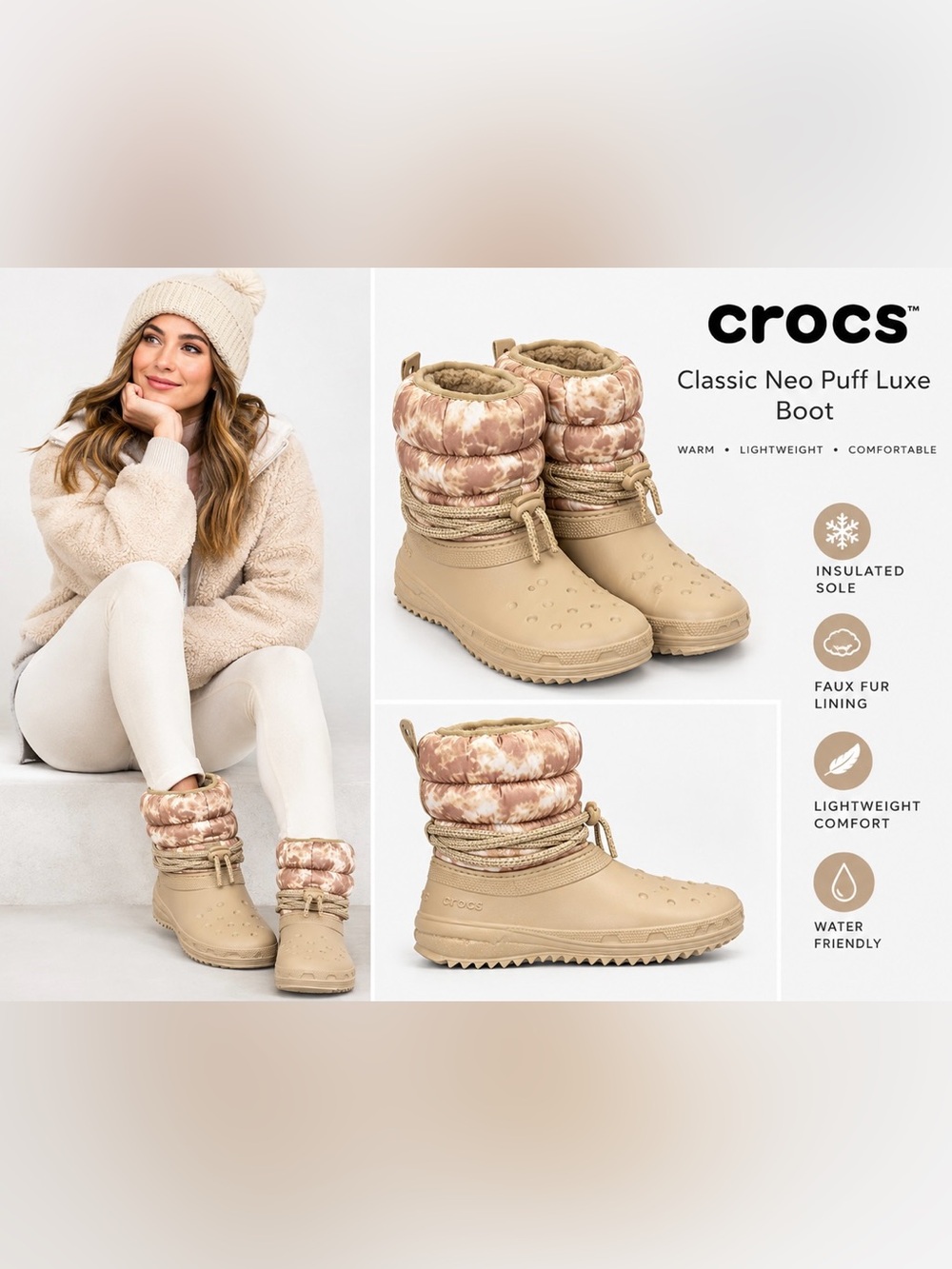 NWT Crocs Classic Neo Puff Luxe Winter Boots Chai White Size 6
